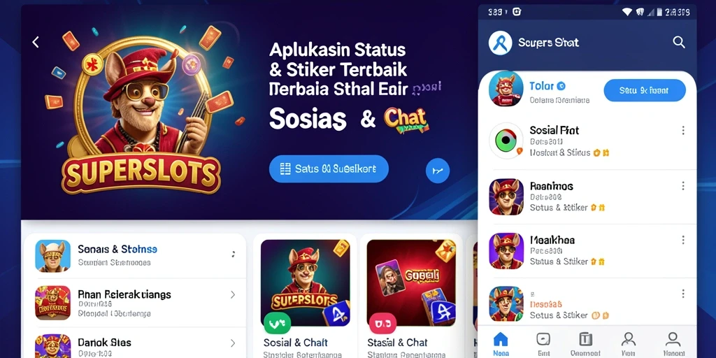 Tangkapan layar utama aplikasi SUPERSLOTS menampilkan pilihan stiker yang beragam dan menarik.